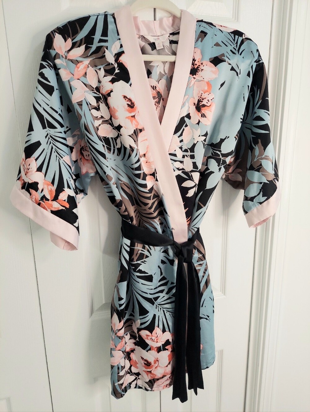 Sweet Treasures, Size M, Silky Satin Robe, or Dress, Blue Pink Kimono